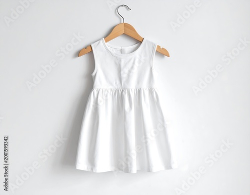 Simple white sleeveless dress hanging on a wooden clothes hanger