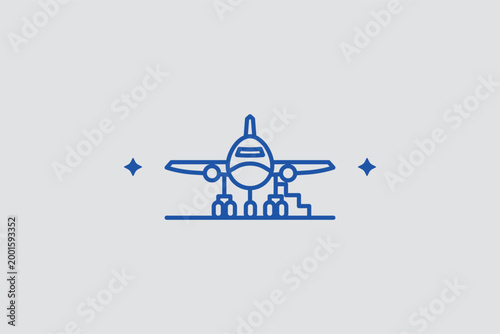 Airplane front view line icon for aircraft identification and gate arrival monitoring. Symmetrical vector illustration for flight status boards and aviation technical specification sheets.