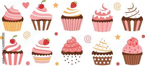 Cute colorful cupcakes collection with frosting strawberry and cherry toppings sweet bakery dessert icons playful vector illustration set