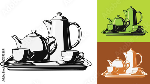 Vintage tea service vector set, retro teapot and coffee pot on tray, classic breakfast beverage icons in black, green, and brown color variations