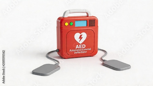 Red automated external defibrillator unit isolated on white background portable AED device with heart symbol medical emergency equipment for saving lives public health safety