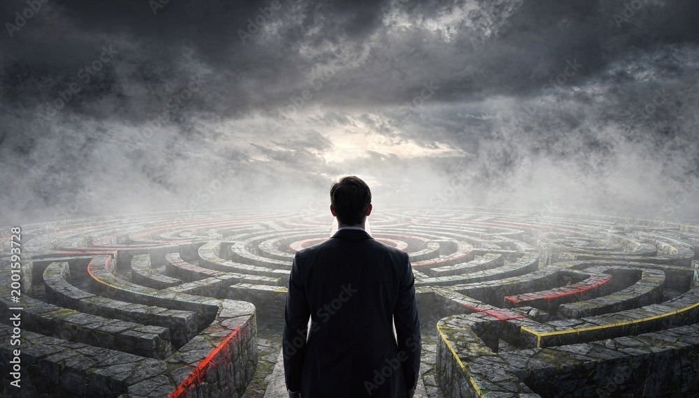 Fototapeta premium A male figure in a suit stands before an expansive, complex stone labyrinth under a dramatic, cloudy sky, symbolizing challenges and decision-making on a grand scale