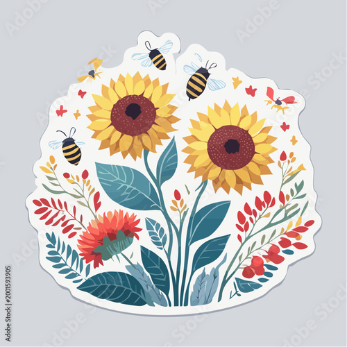 Sunflowers and Bees Illustration