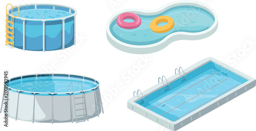 Swimming pools set, outdoor water recreation collection with inflatable rings ladders and summer leisure design