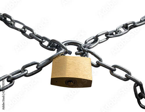 A shiny metal lock with a thick steel chain and a gold-colored key.