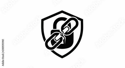 Black shield with padlock and broken chain links