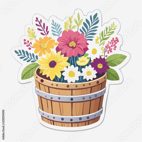 Colorful Bouquet of Flowers in a Wooden Barrel
