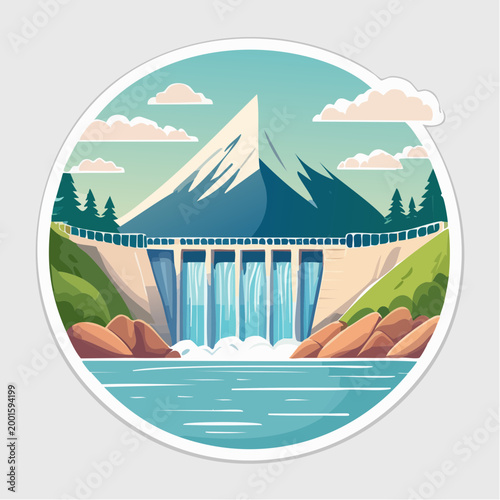 Dam with Waterfall and Mountain Landscape