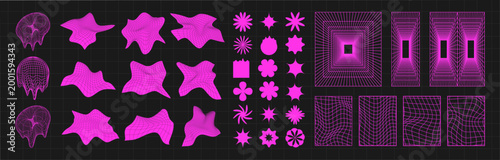 Pink cyber distorted grid, punk perspective rectangular tunnels and y2k psychedelic elements set. Grid geometry tunnel, elements on black background. Trendy futuristic vector illustration.