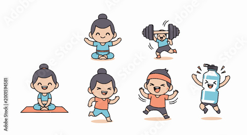 Cartoon people doing yoga poses together.