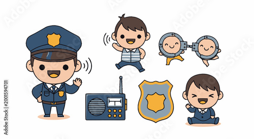 Cartoon police officer and children icons.