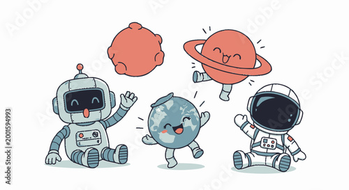 Cartoon robots and planet characters play.
