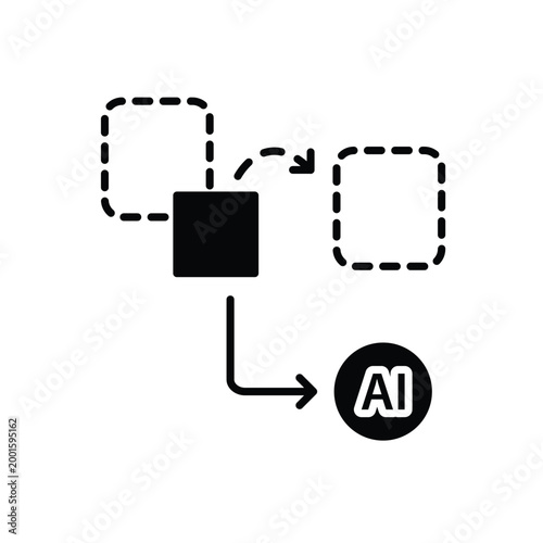Drag input icon. A small box moves to another box and an arrow to an AI node. Work flow, automation, Engine. Flat design style.