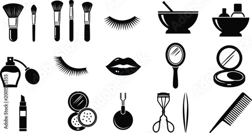 Black of makeup brushes, eyelashes, lips, perfume bottle, compact powder, mirror, comb, tweezers, and eyelash curler
