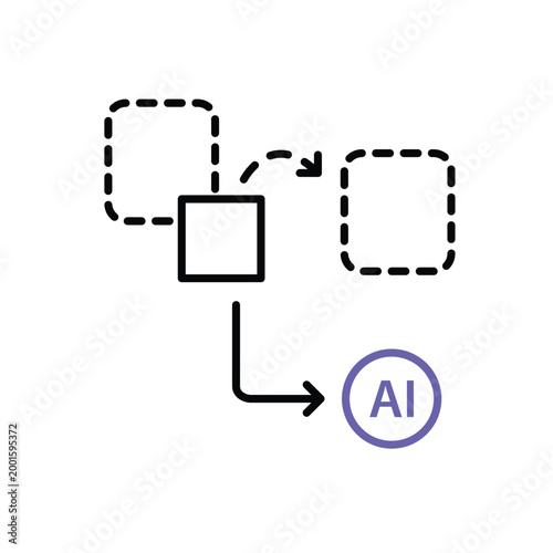 Drag input icon. A small box moves to another box and an arrow to an AI node. Work flow, automation, Engine. Outline design style.
