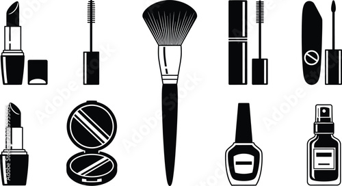 Collection of black and white representing makeup and cosmetic products lipstick mascara makeup brush