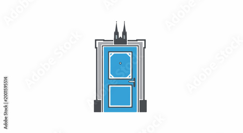 Blue door with architectural towers above and a simple knob
