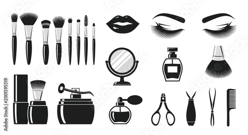 Collection of black and white representing makeup and beauty tools, including brushes, lips, eyes, and perfume bottles