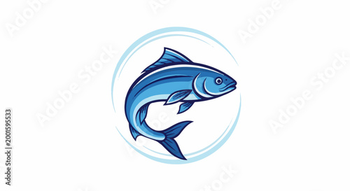 Blue fish leaping from water, surrounded by light blue circles