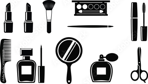 Collection of black cosmetic and beauty product on white background, lipstick makeup brush eyeshadow palette
