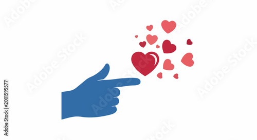 Blue hand finger pointing at a cluster of red hearts