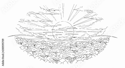 Black and white sketch of a sunrise over a savanna landscape with scattered trees