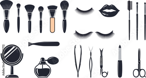 Collection of dark blue and grey makeup tools and beauty on white background, makeup brushes cosmetic brushes