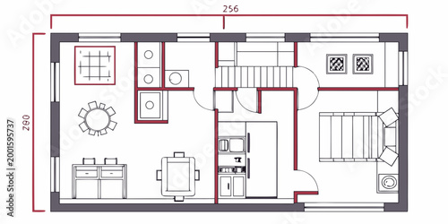 Photos Architectural floor plan for a residential house with dimensions 256 and 280 arc