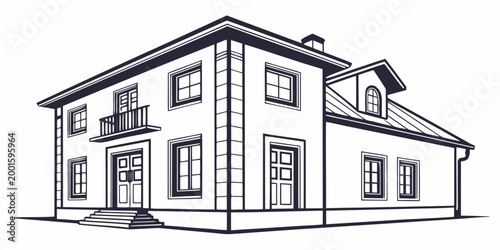 Quadro su tela Line art drawing of a two-story house with a dormer window and balcony real esta