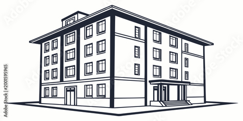 Minimalist outline illustration of a mid-rise residential building with real estate outline art line art black and white outline graphic building