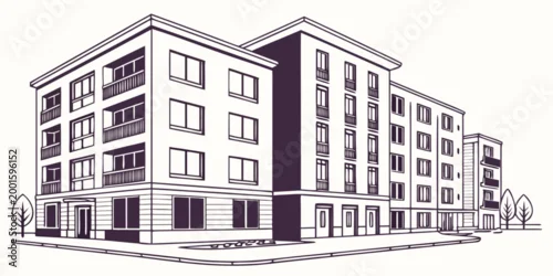 Obraz Apartment building exterior architectural drawing in black and white with real estate line art multi story architecture drawing residential buildi