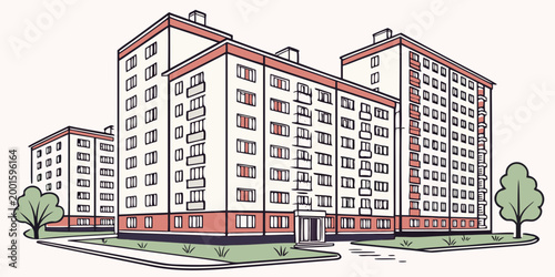 Tableau sur toile Soviet style apartment buildings exterior illustration with trees and grass apar