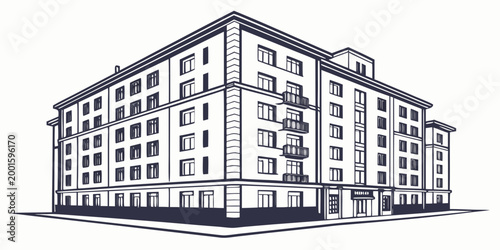 Tableau sur toile Angular drawing of a classic multi-story apartment building with balconies row h