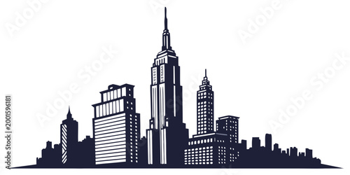 Silhouette of a city skyline with iconic skyscrapers and buildings empire state building art deco high rise dark blue city center silhouette