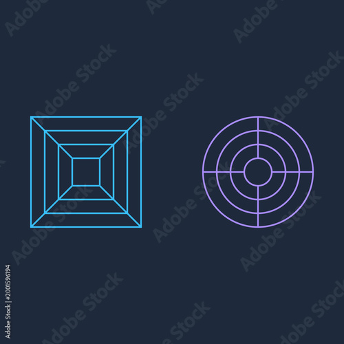 Minimalist neon geometric wireframe square and circle tunnel shapes on a dark background digital illustration