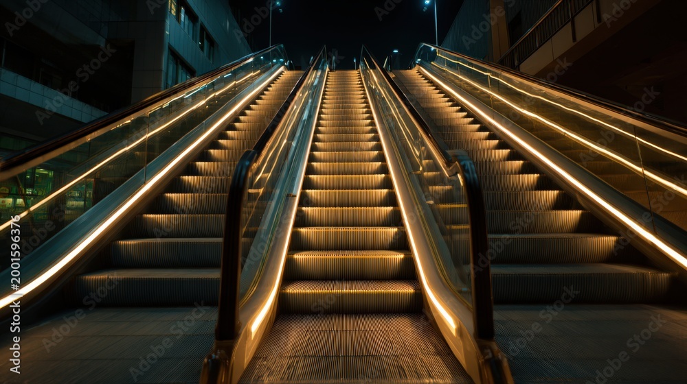 Escalator illuminated by artificial lights at night in urban setting with visible details