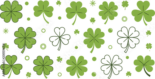 Green shamrock clover pattern with scattered leaves festive St Patrick’s Day seamless style botanical background vector illustration design