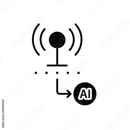 Data Sensors icon. Sensor node with signal wave and arrow to AI node. Work flow, automation, Engine. Flat design style.