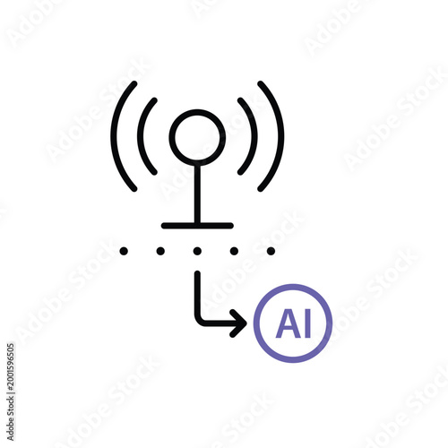 Data Sensors icon. Sensor node with signal wave and arrow to AI node. Work flow, automation, Engine. Outline design style