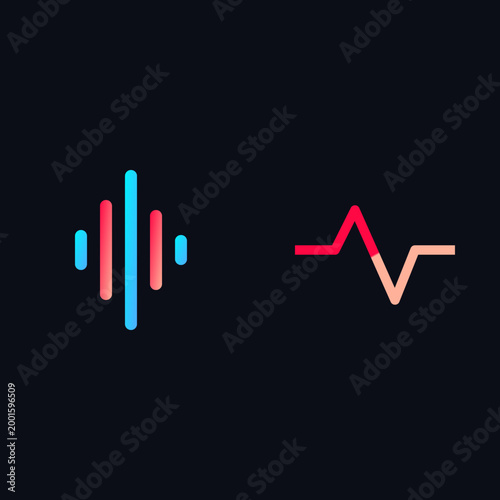 Modern digital neon sound wave equalizer bars and medical heartbeat pulse line on black illustration