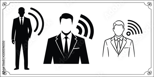 Wireless communication icons with sound waves radiating from people for signal transmission or data exchange