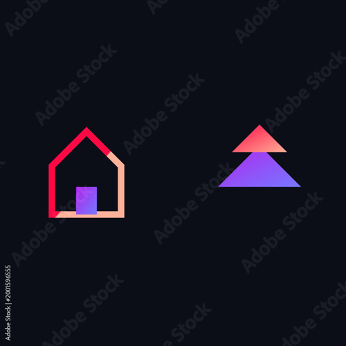 Minimalist real estate property technology house and roof symbols with vibrant neon pink purple gradient illustration