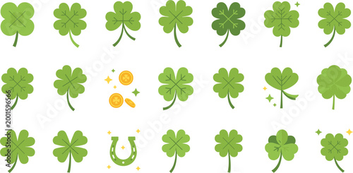 Green shamrock clover icons set with lucky symbols coins and horseshoe St Patrick’s Day festive botanical vector illustration collection