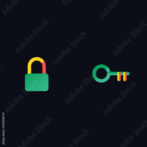Minimalist gradient green and orange padlock with matching key symbol on dark black background illustration