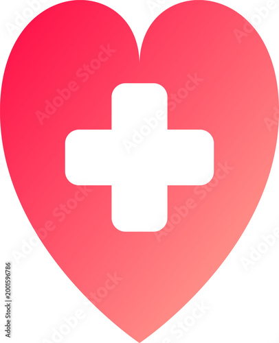 A vibrant red gradient heart containing a white medical cross symbol for healthcare branding graphic illustration