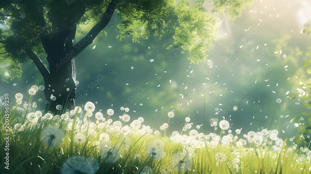 Fototapeta premium dandelion seeds dispersing in sunny forest glade with tree