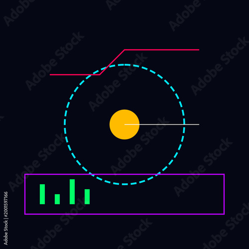 Minimalist futuristic digital user interface dashboard design with data visualization charts and geometric hud illustration.  illustration