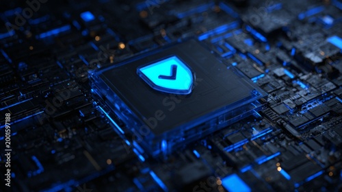 Close-up of a blue digital shield symbol on a technological background.
