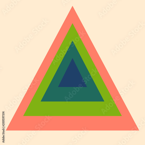 Modern minimalist geometric artwork featuring concentric nested triangles in coral green and navy blue illustration