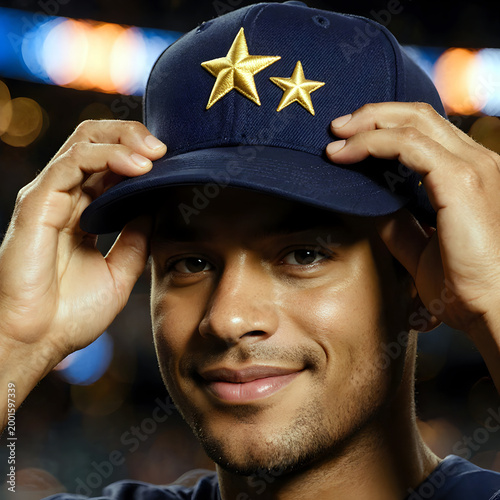 Young man smiling while adjusting baseball cap with stars  